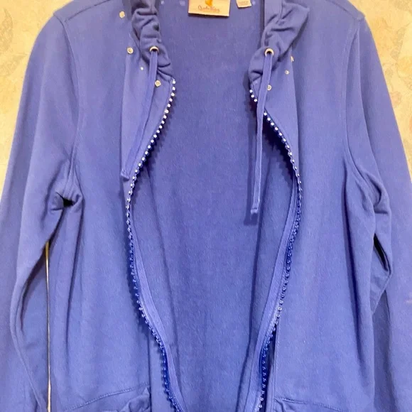 Vintage Quacker Factory Blue Ruffled Zip-Up Top w/rhinestone bling. Size S. - Picture 5 of 7